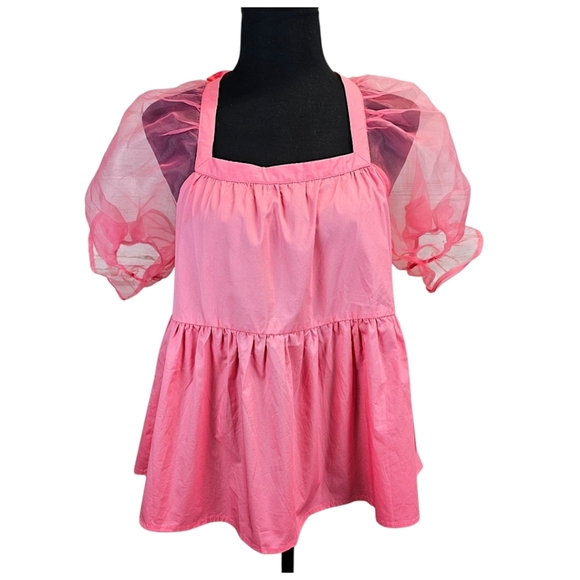 Tuckernuck Pomander Place Pink Organza Puff Sleeve Top Square Neck Blouse XS - Picture 2 of 14